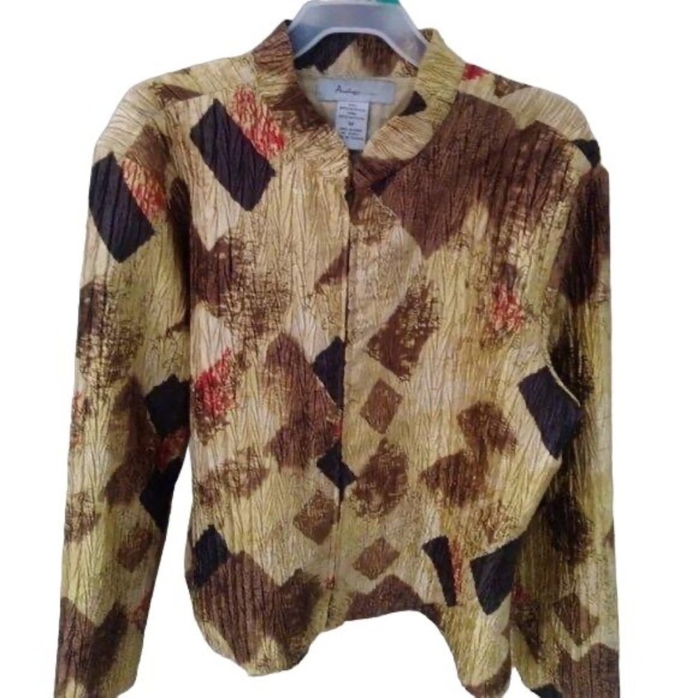 Analogy Brown Geometric Print Jacket Full Zip Long Sleeve Blazer Size Medium